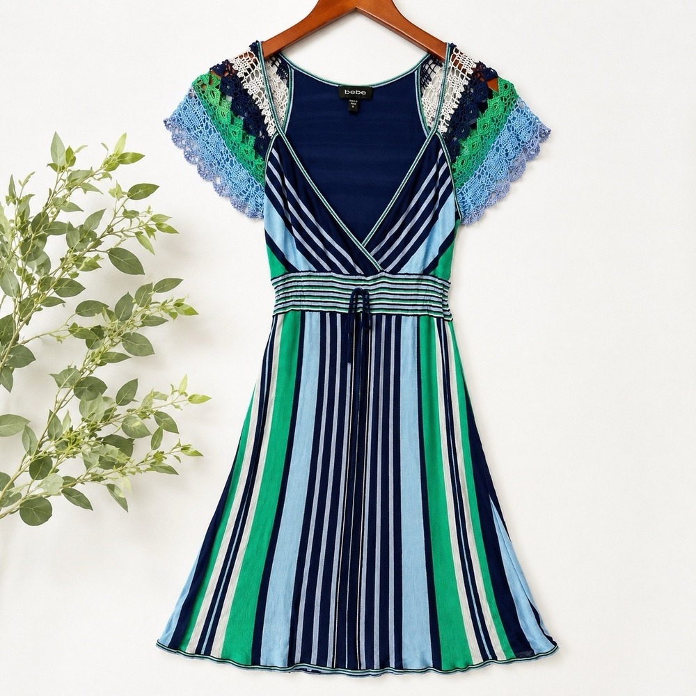 bebe‎ Y2K Striped Crochet Sleeve Dress Size M Blue Green Rayon Silk Trim